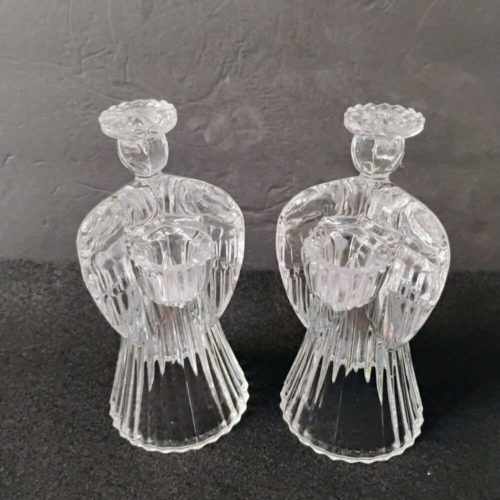 Large Vintage Crystal Angel Candle Holders, Set of 2, Glass Angels Candlesticks - Picture 4 of 10